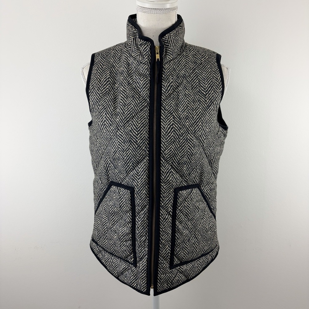 J.Crew Women Gray Herringbone Quilted Puffer Vest XS Zip Front‎